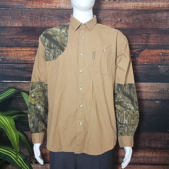 Columbia Top Mens Large Button Up Shirt Hunting Shooting Camo Patch Brown - Picture 6 of 8